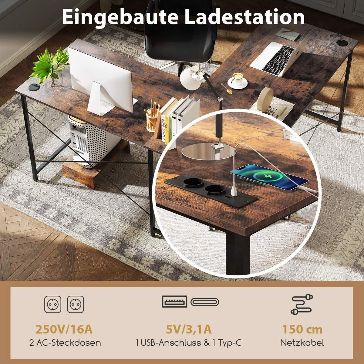 Vendbart L-formet skrivebord med ladestasjon – rustikk brun