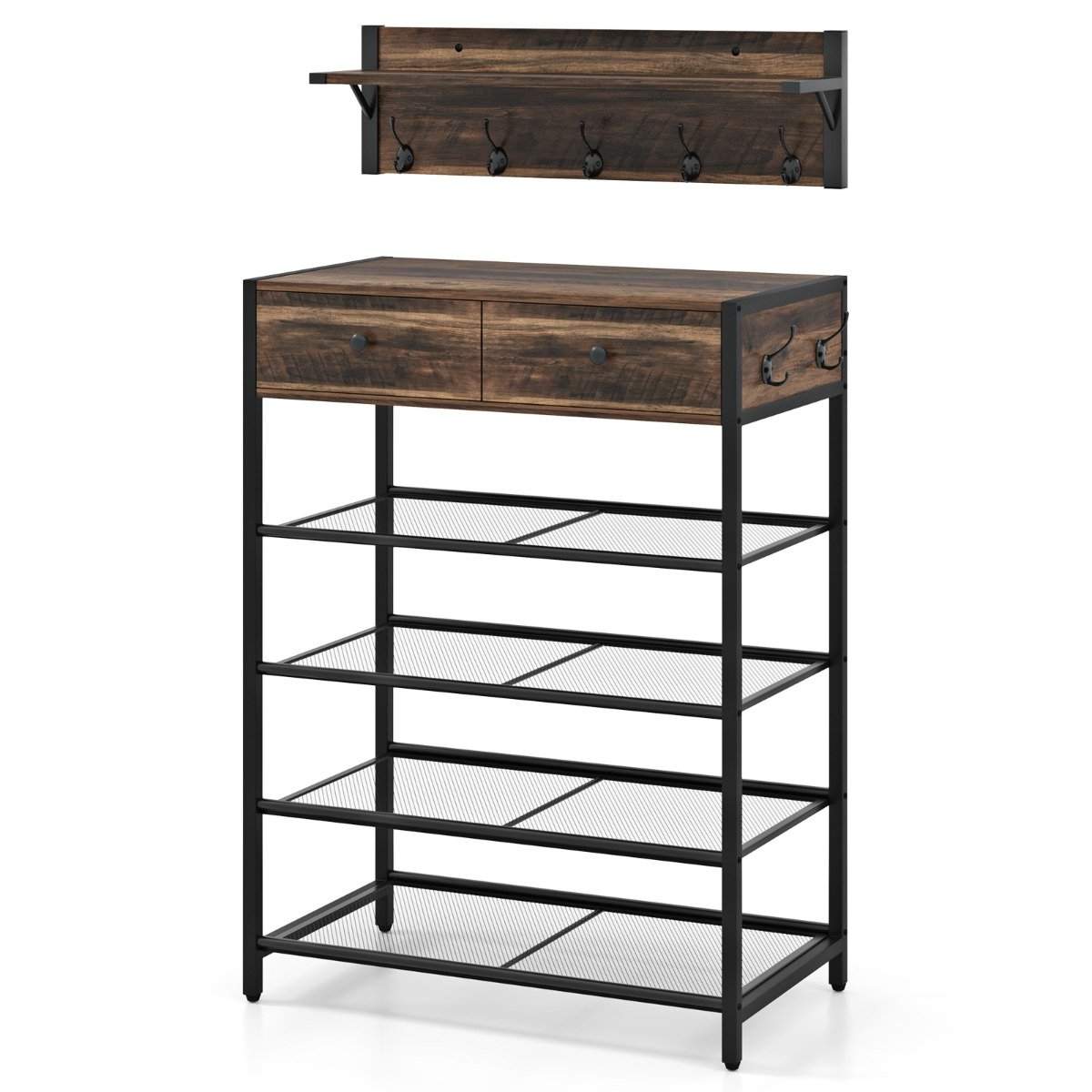 Skohylle og veggkåpesett med kroker og skuffer Skohylle og veggkåpesett med kroker og skuffer