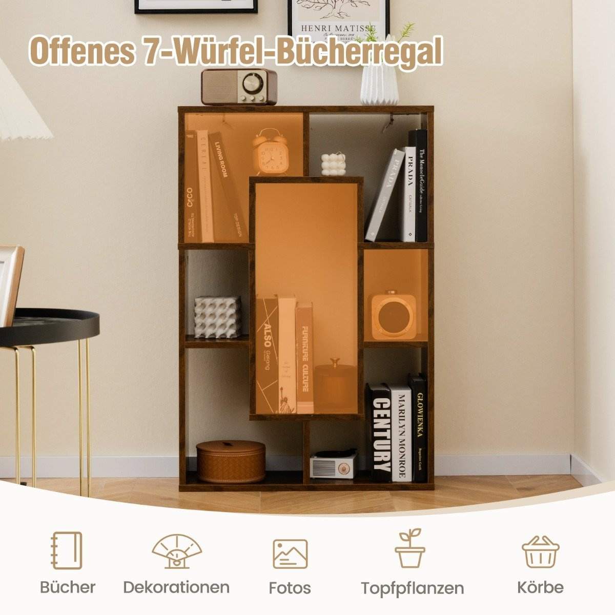 Bokhylle med 7 rom – geometrisk design, tippsikring, 60x20x90 cm