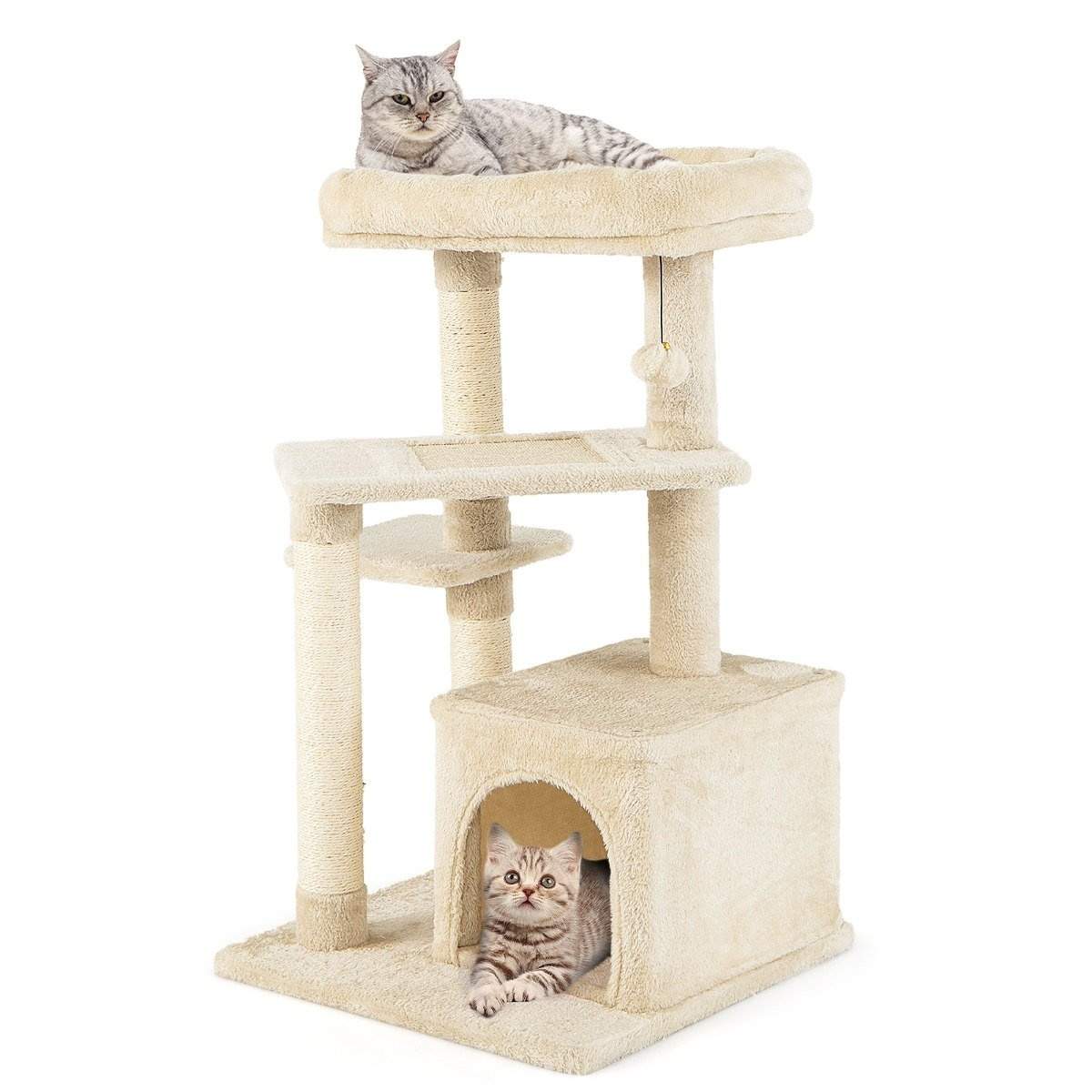 Kattetre med koselig hule- og plysjtopp – 85 cm beige