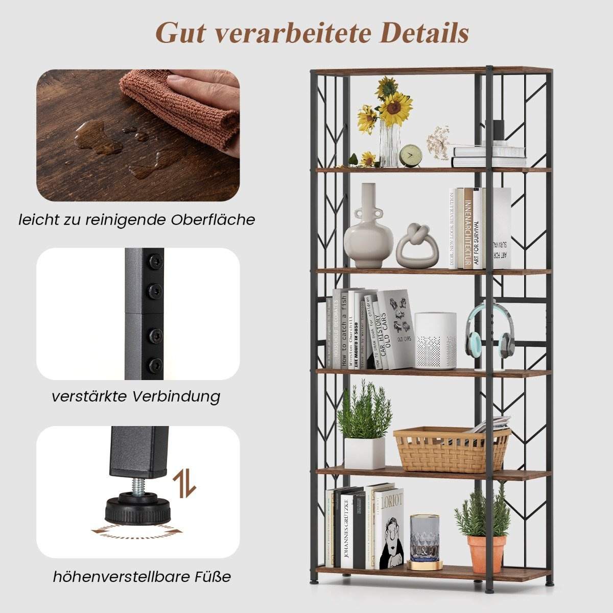 6-lags bokhylle med metallramme – 80x31x180 cm, brun