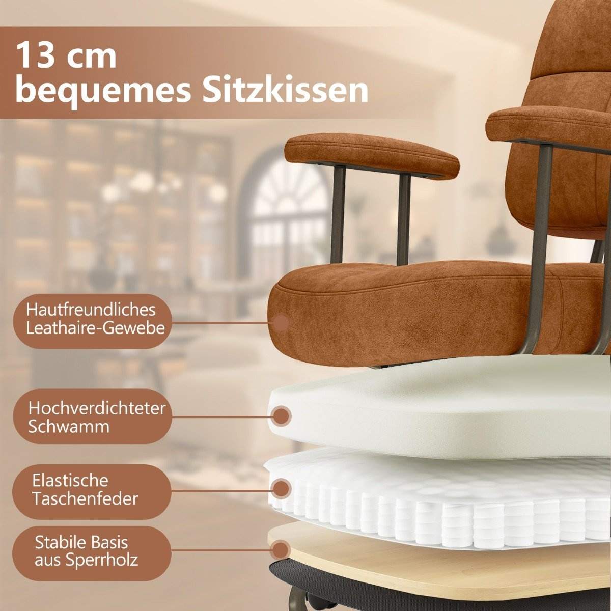 Ergonomisk kontorstol med armlener og hjul, justerbar høyde