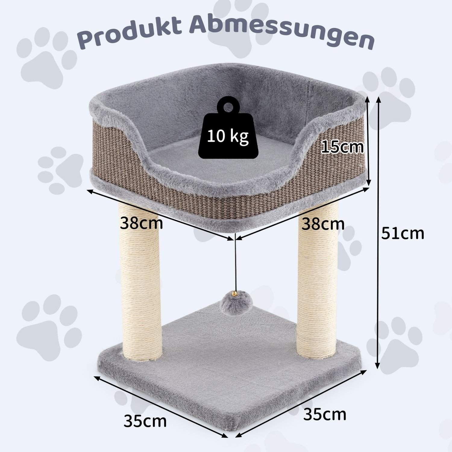 Kattetre med plysjsete og sisalstolper – 38x38x51 cm, grå