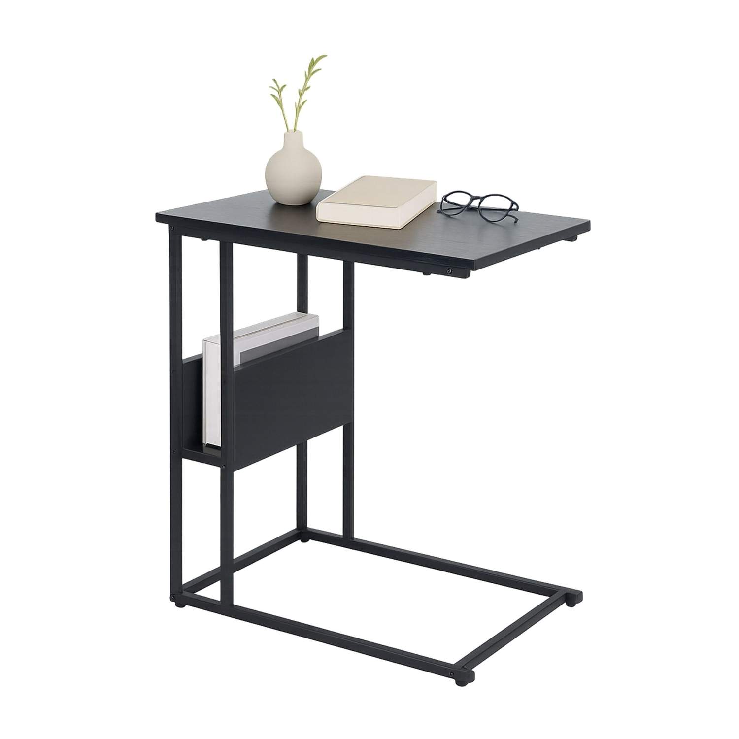 C-formet sidebord med hylle og rom – tre og metall