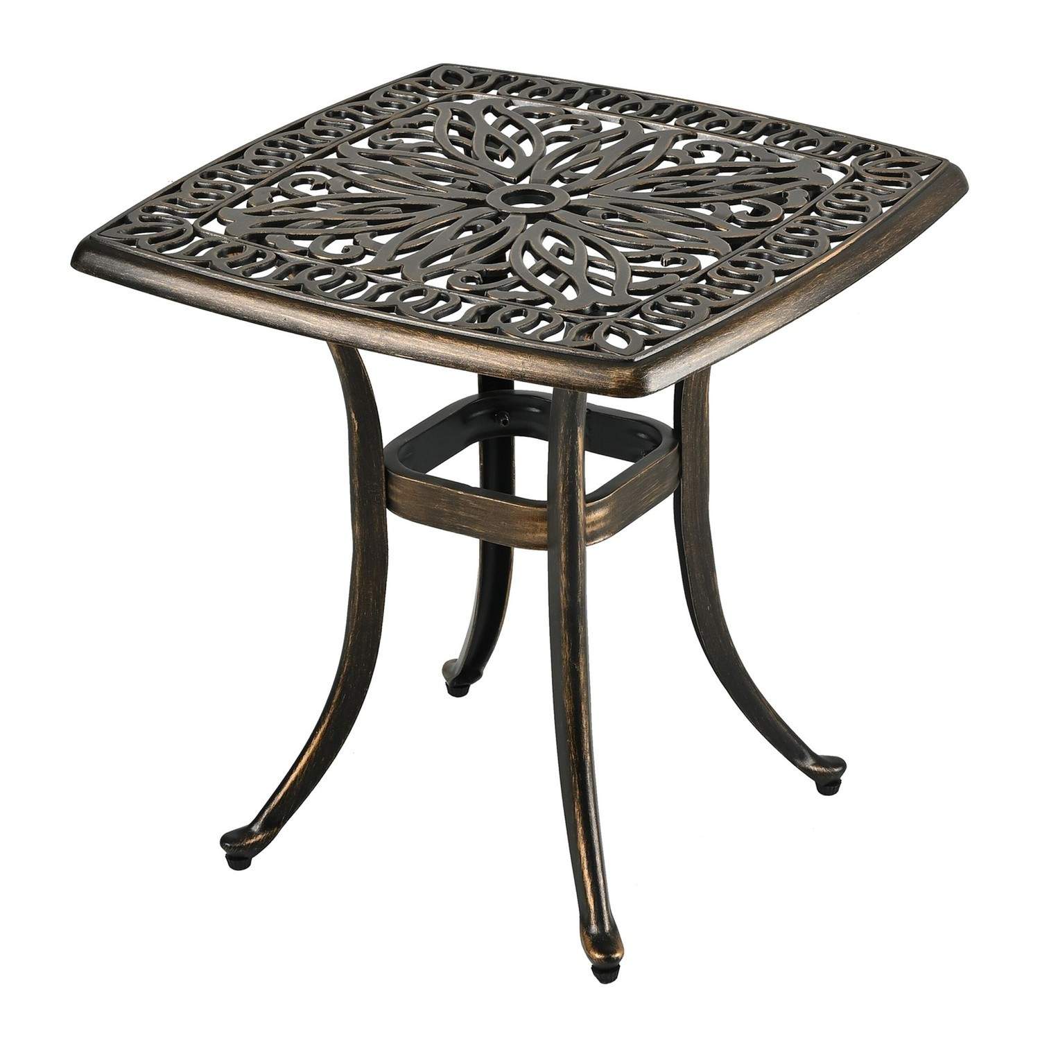 Firkantet støpt aluminiums terrassebord – paraplyhull, blomsterdesign