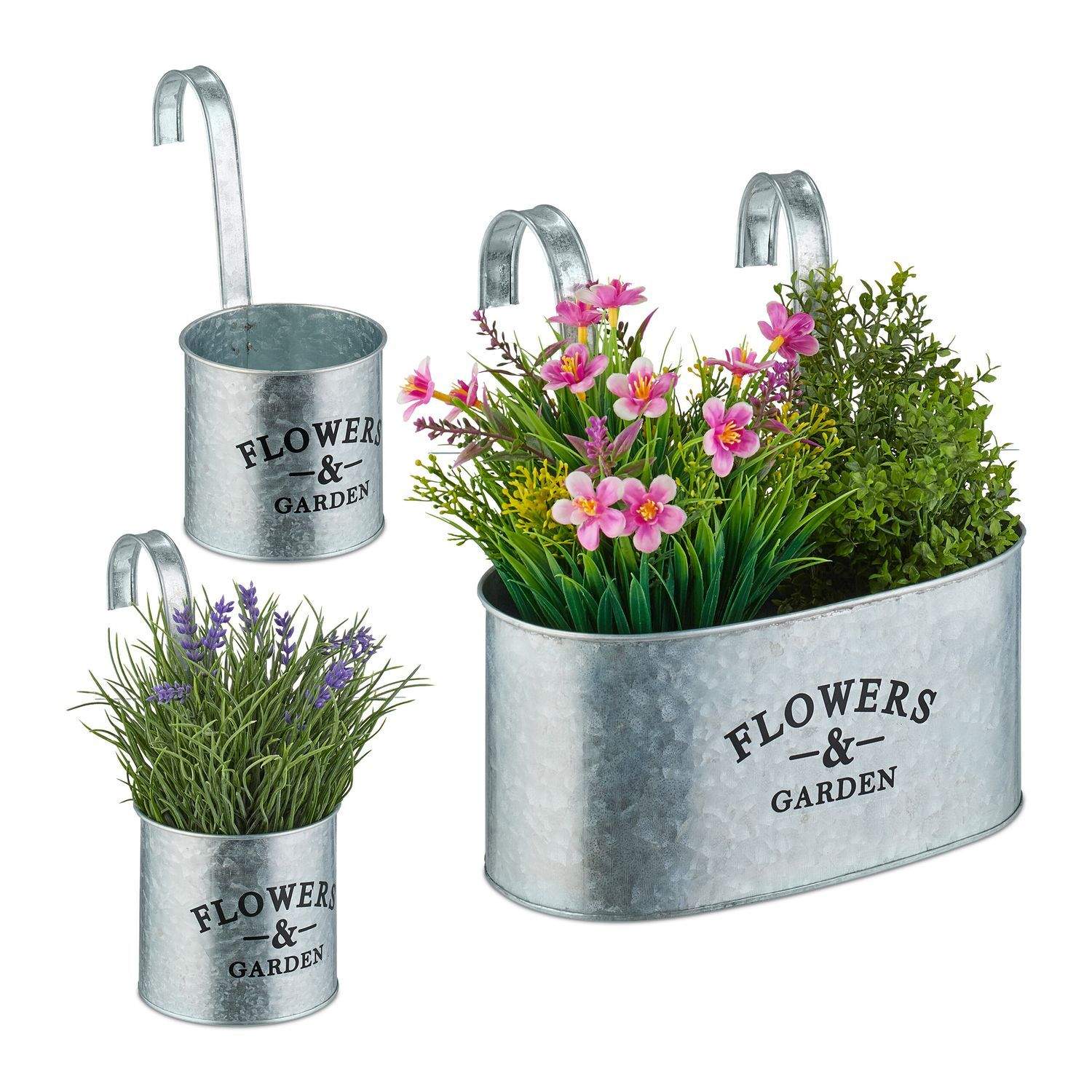Hengende plantepotter sett med 3 – galvanisert jern, balkong og hage