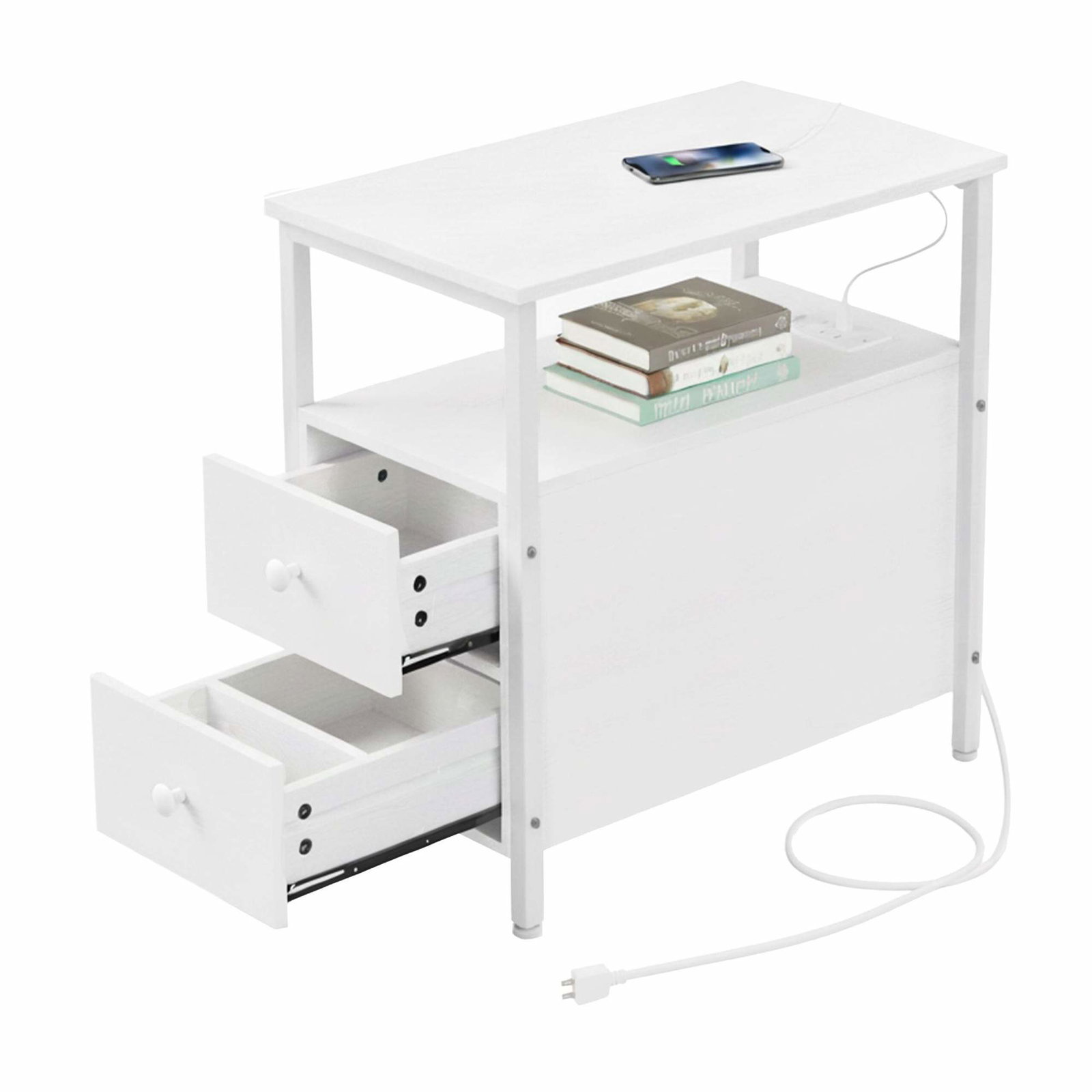Sidebord med ladeporter – 2 skuffer, 2 hyller