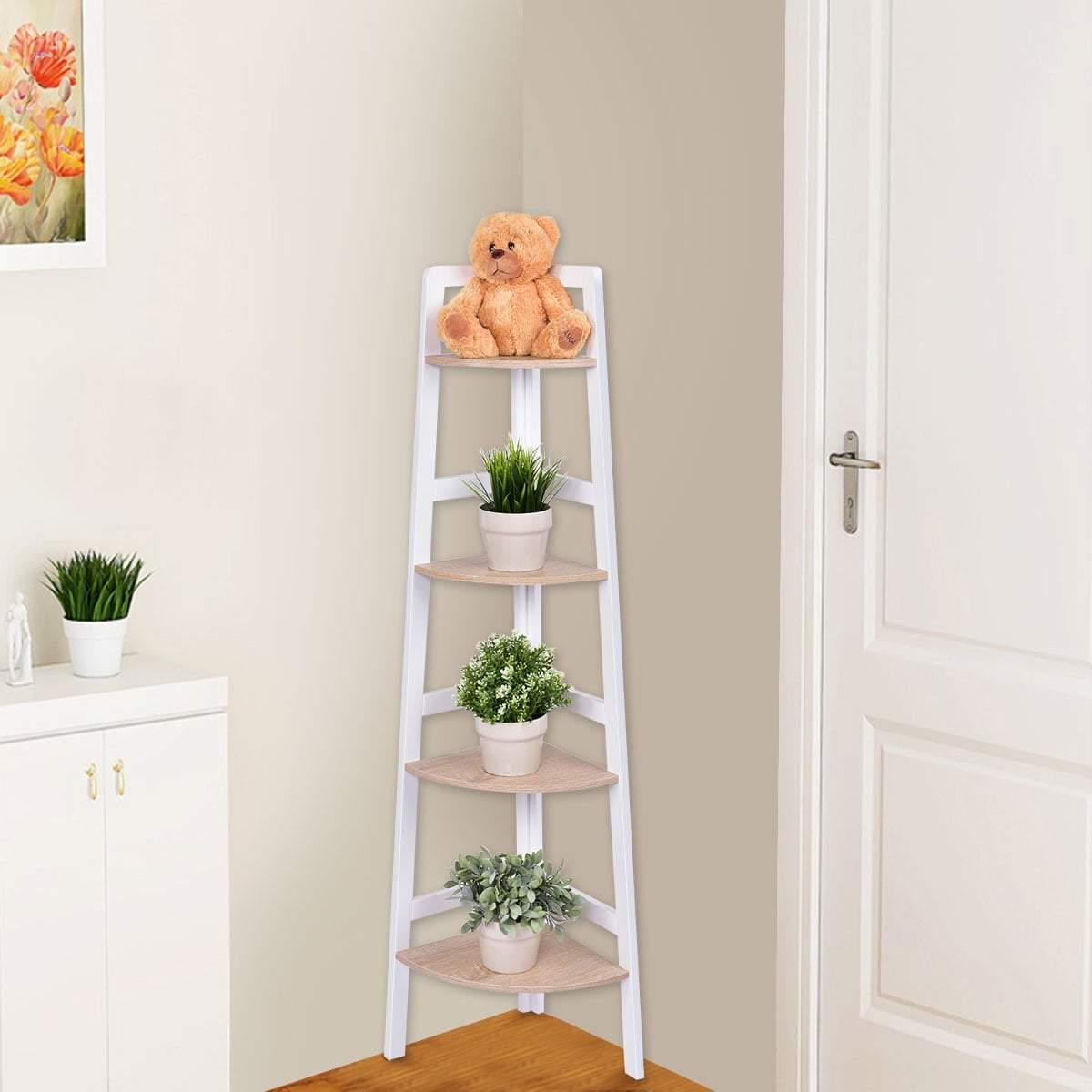 Hjørnehylle – plassbesparende tredesign, 4 etasjer