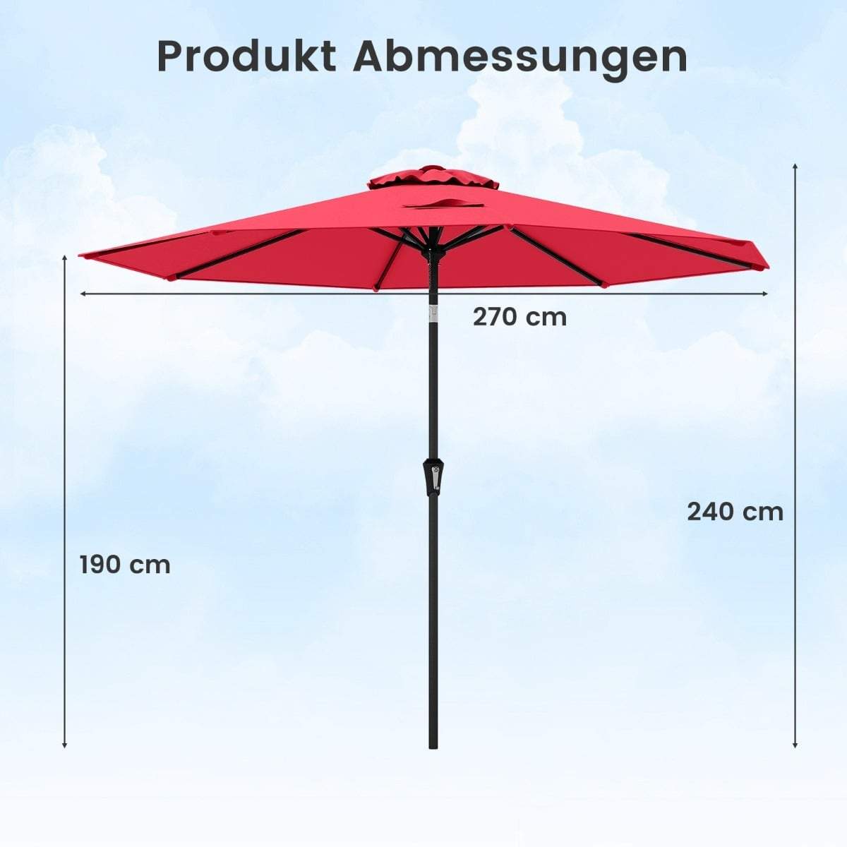 270 cm rød terrasseparasoll – vippbar og sveivbar, UV-beskyttelse