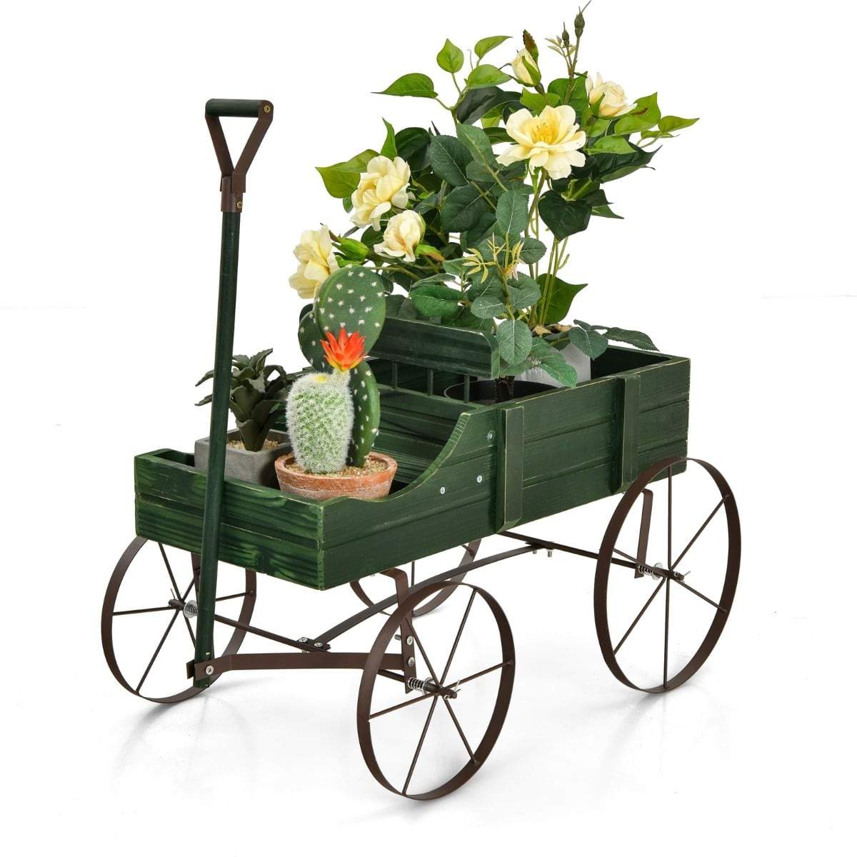 Blomstervogn i tre med hjul – 62x34x60 cm, grønn