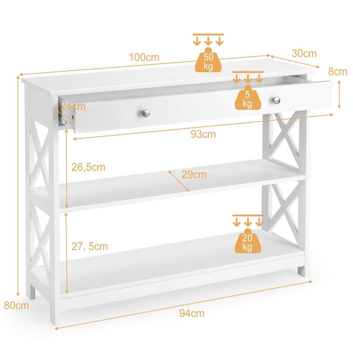 Hvitt konsollbord med 3 etasjer, skuff og hyller – 100x30x80 cm view 2