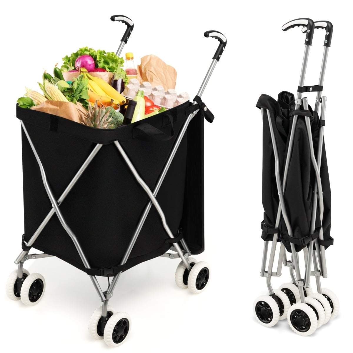 Sammenleggbar handlevogn med hjul – 90L, svart