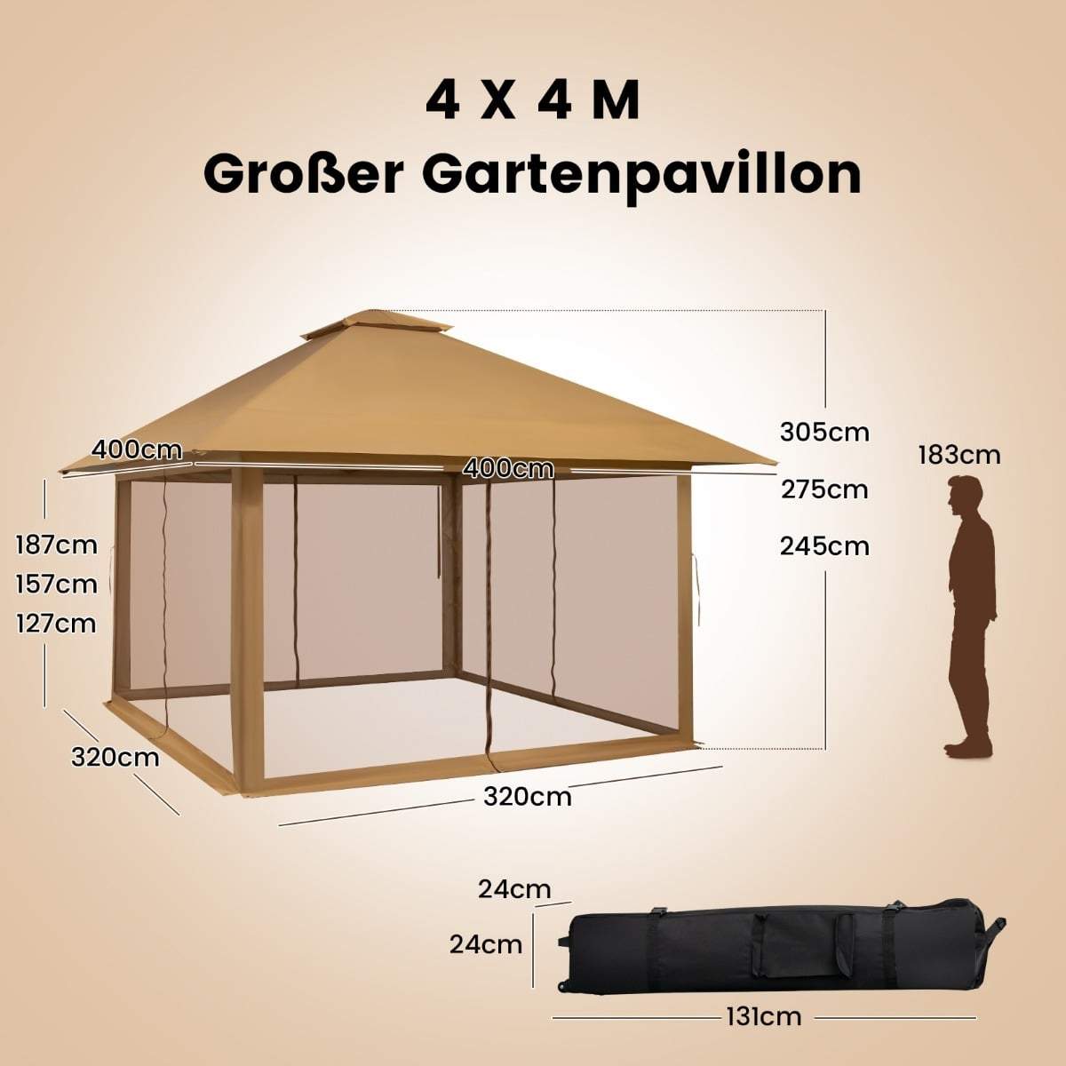 Pop-up utendørspaviljong, 4x4m, UV-beskyttelse, nettingvegger