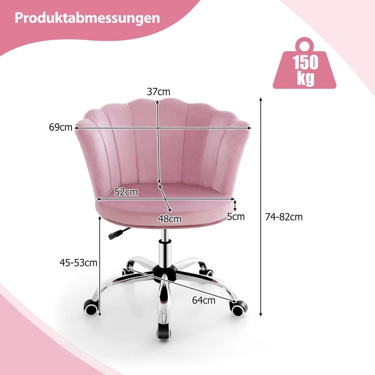 Justerbar fløyelskontorstol – ergonomisk, rosa, 360-graders svingbar