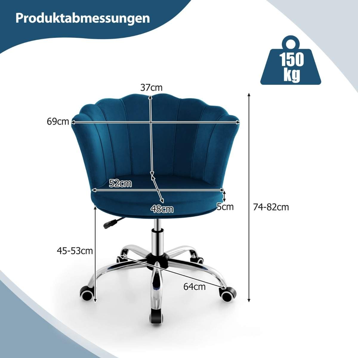 Justerbar fløyelskontorstol – ergonomisk, 360 graders svingbar, blå