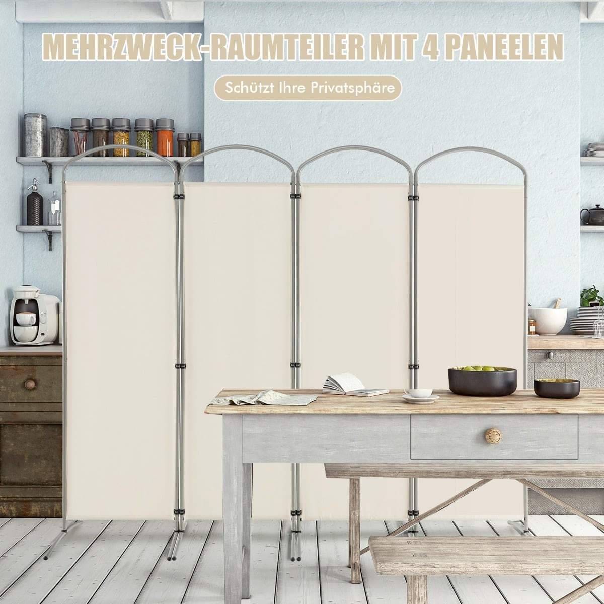 Sammenleggbar romdeler, 4 paneler, metallramme, hvit