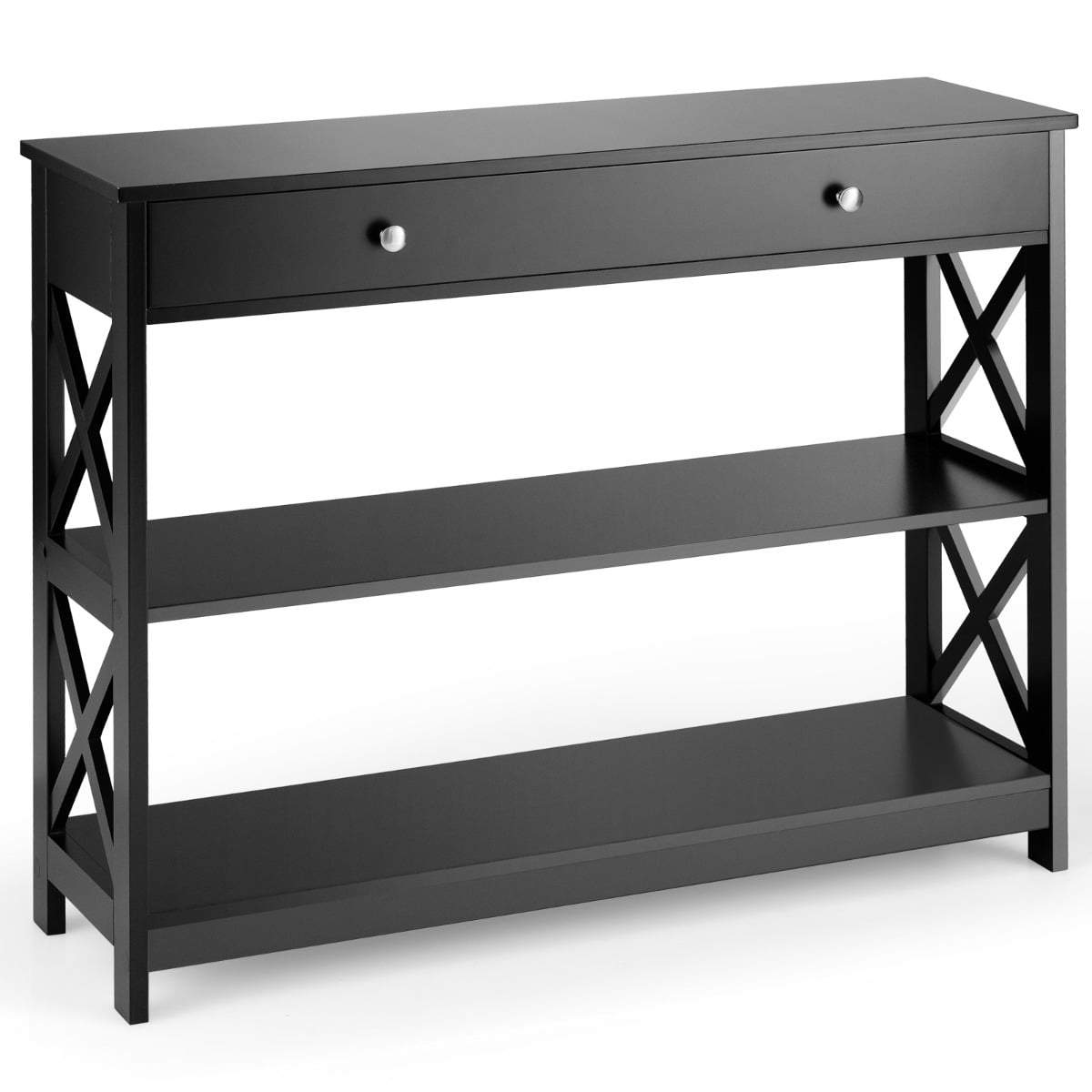 Svart konsollbord med 3 etasjer og skuff – 100x30x80 cm
