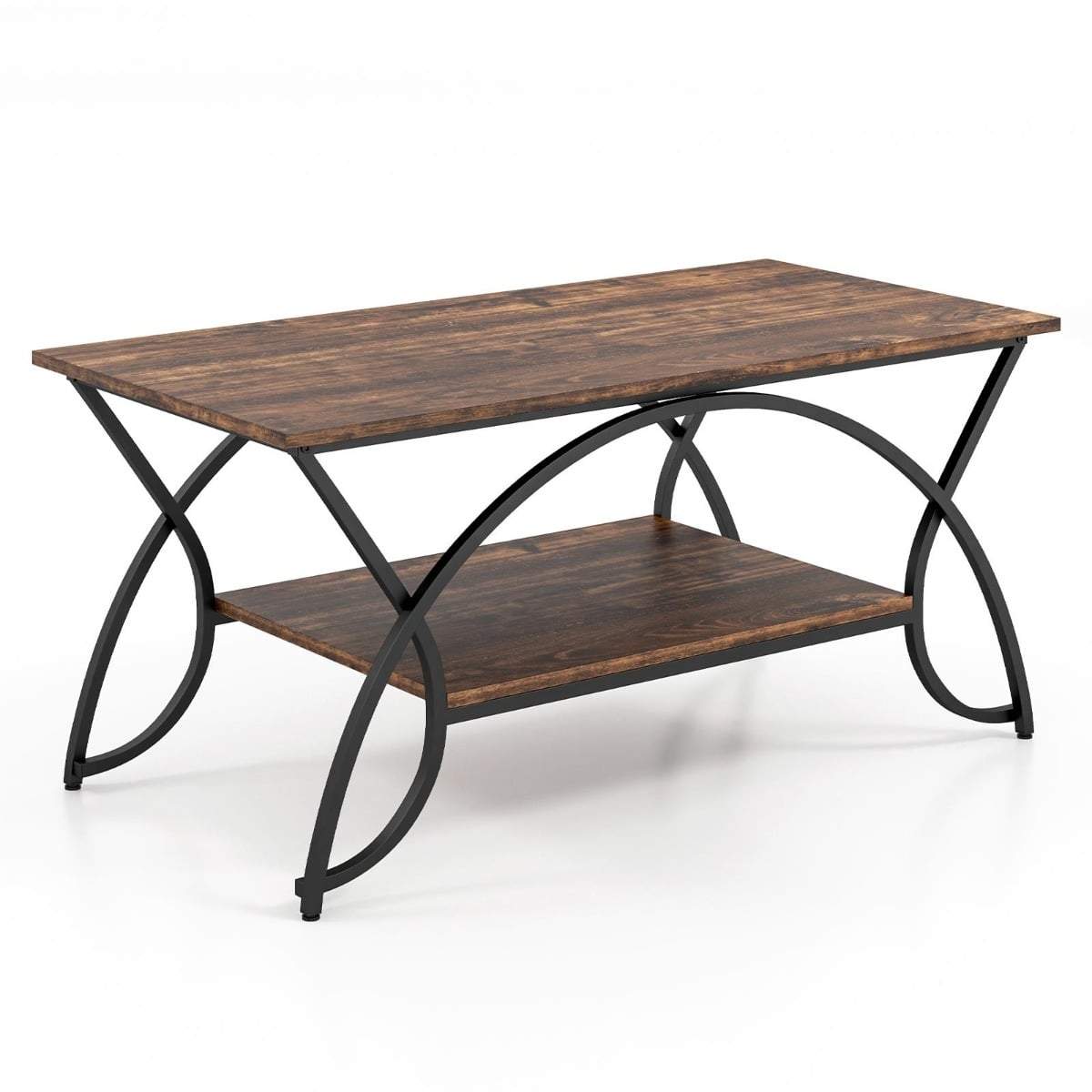 Vintage brunt salongbord – oppbevaring i to etasjer, metallramme