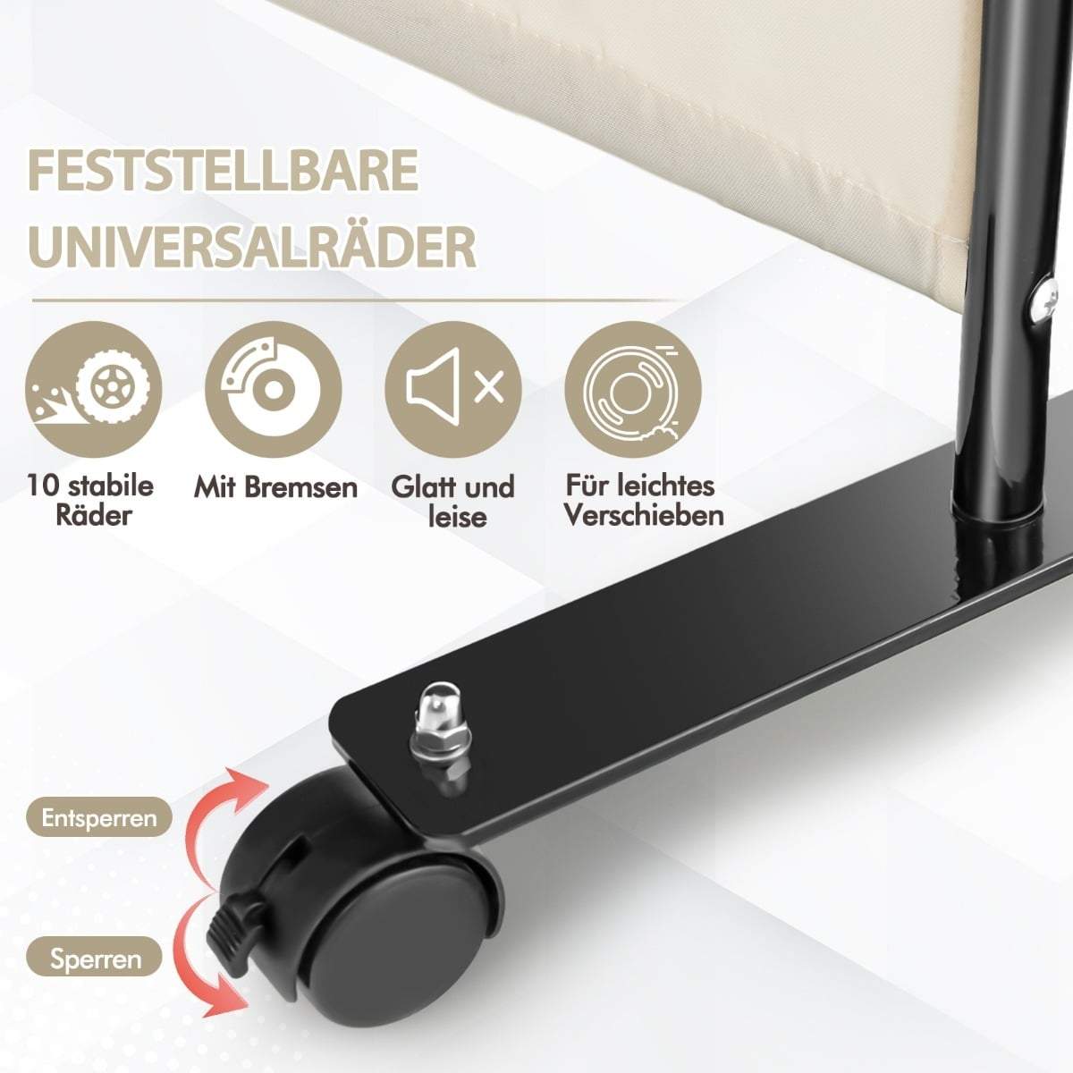 Romdeler med 4 paneler og hjul – beige, 173 cm høy
