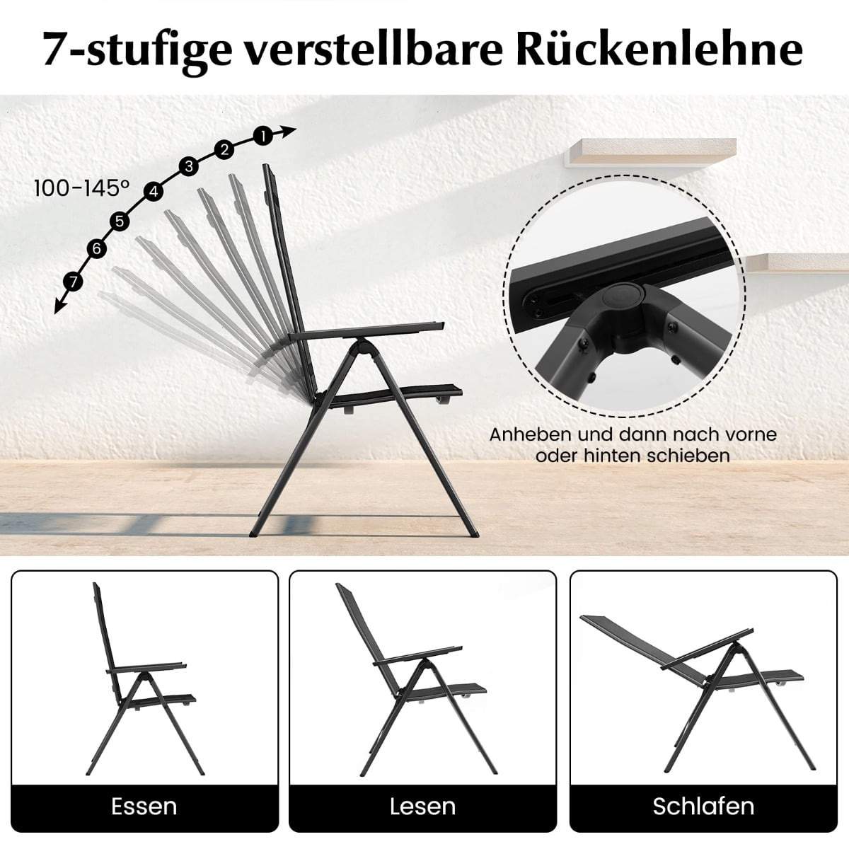 2-delte justerbare sammenleggbare terrassestoler – svart, aluminium