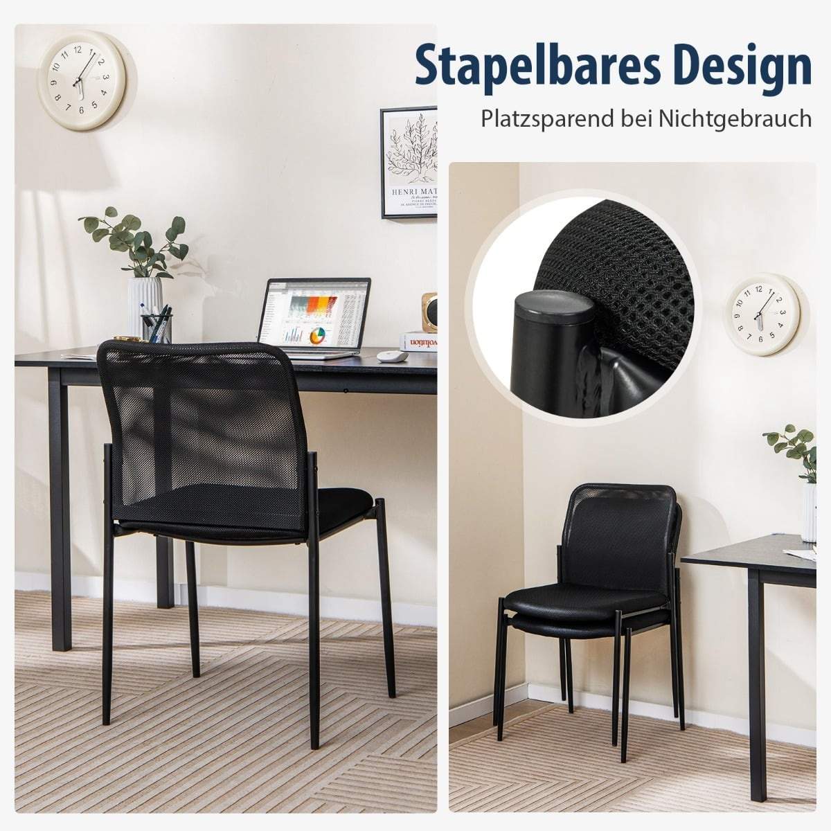 Stabelbare konferansestoler, sett med 2 – ergonomisk netting, svart