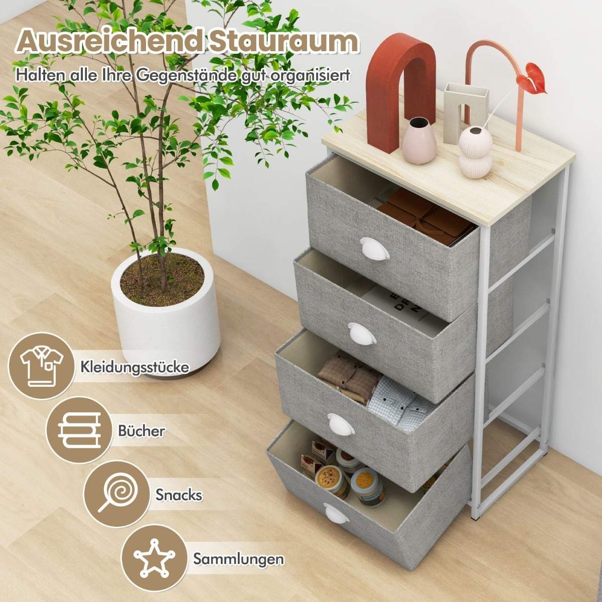 Stoffkommode med 4 skuffer – metallramme, MDF-topp, 45x30x94 cm