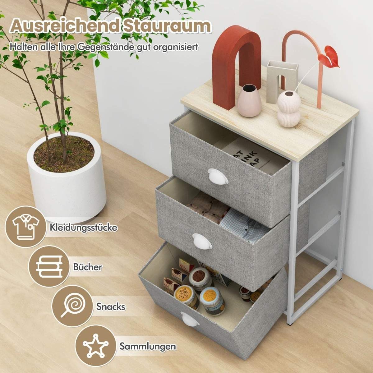 Kommode med 3 skuffer – stoff, metallramme, 45x30x73 cm