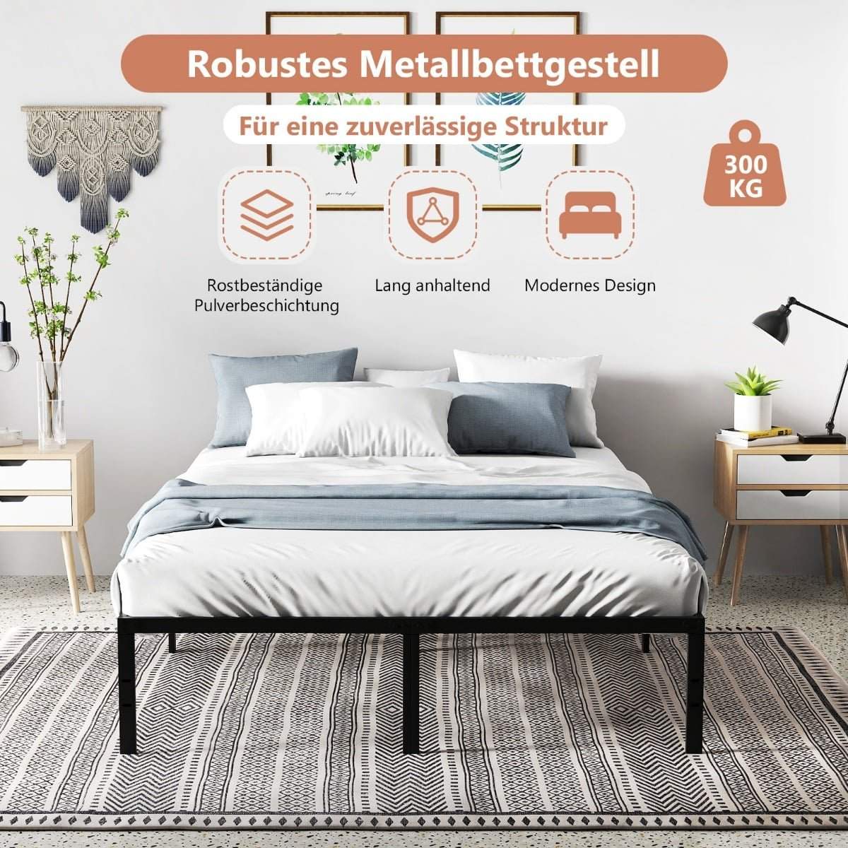 Sengeramme i svart metall – 160x200 cm, ingen boksmadrass nødvendig