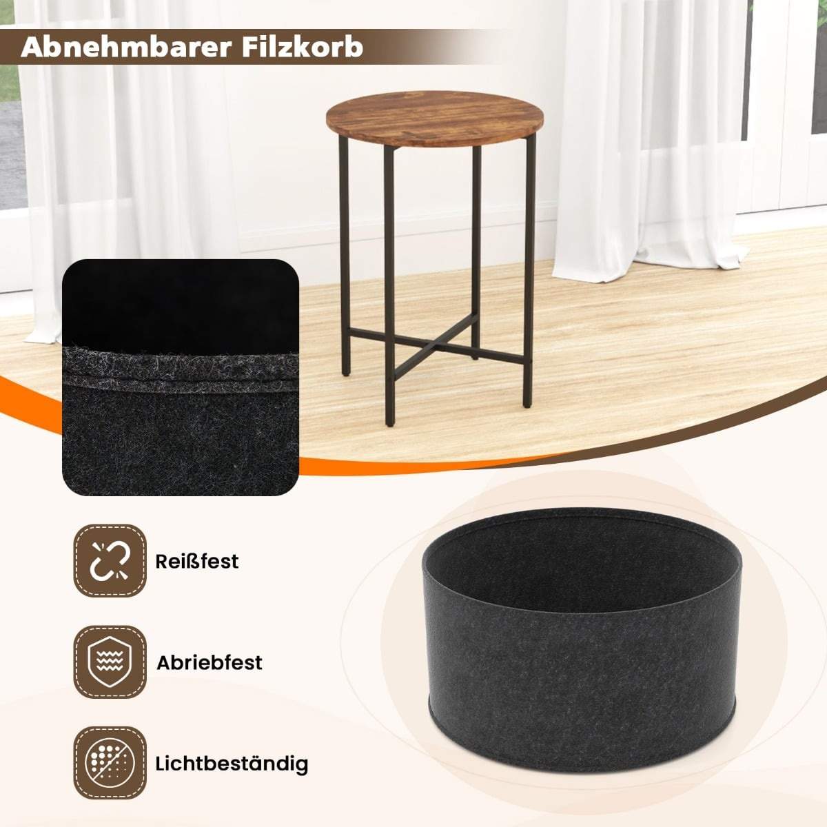 Rundt sidebord med avtakbar filtkurv – 44 cm