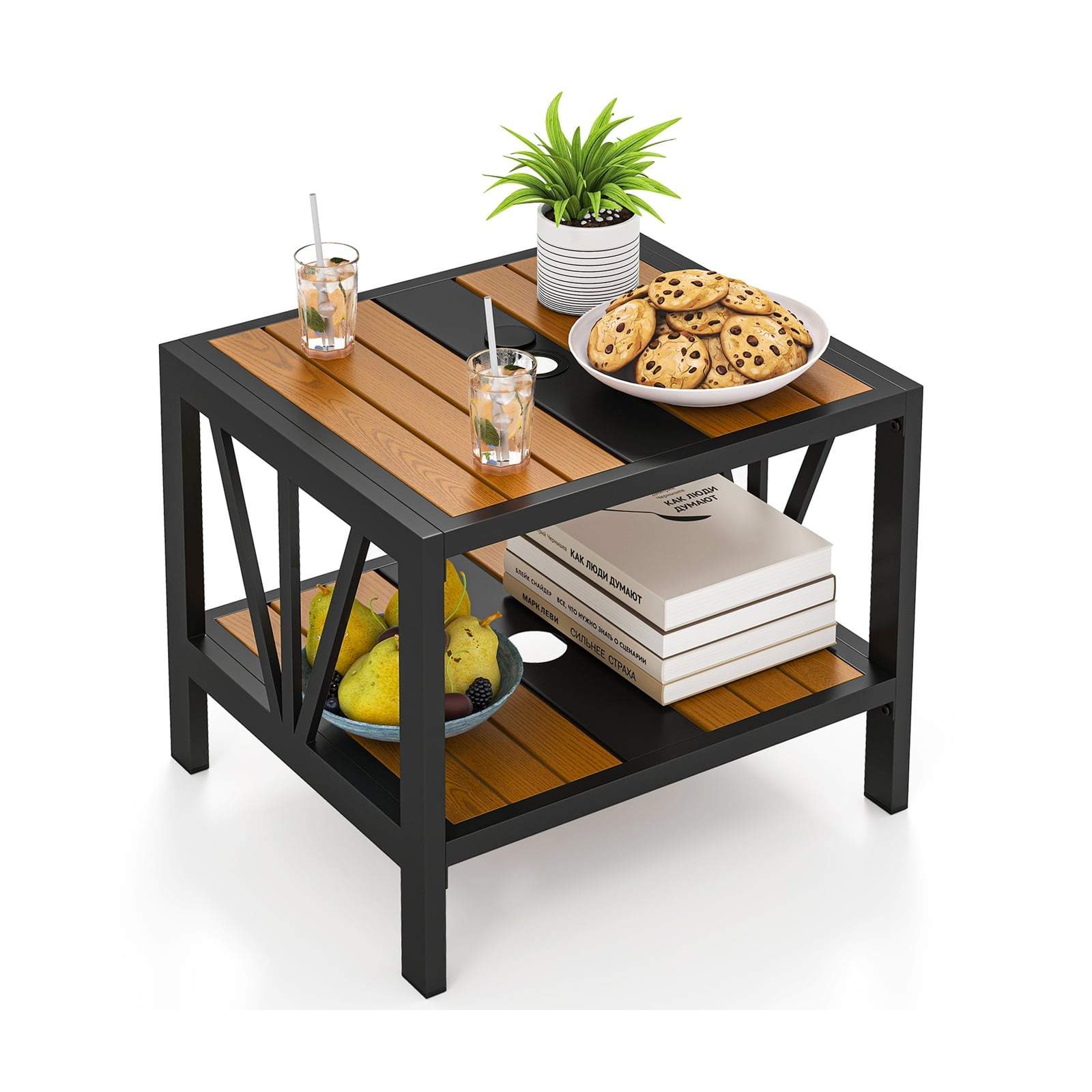 Utendørs sidebord med parasollhull – metall, 2-etasjers, 52x46x45 cm