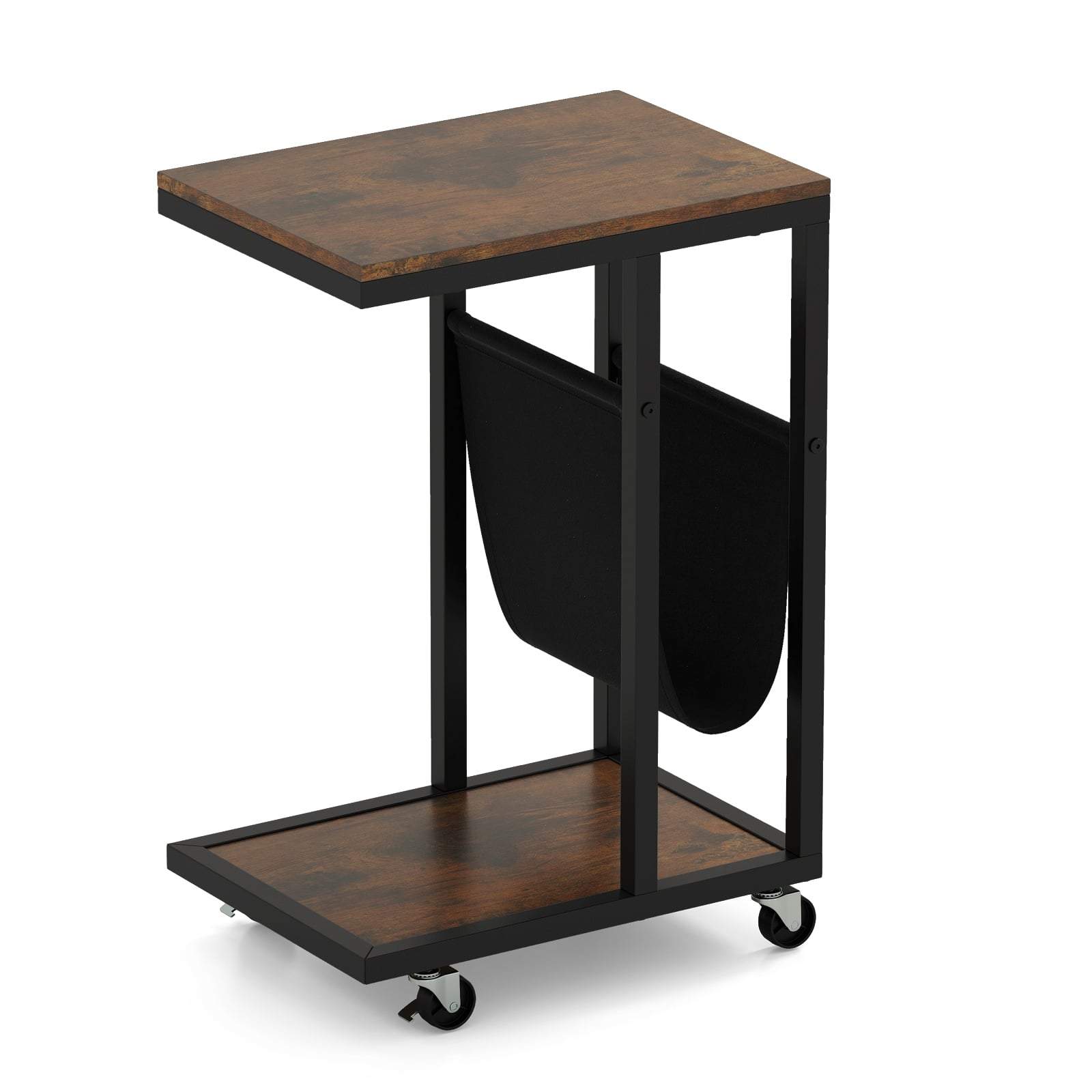 C-formet sidebord med hjul – kompakt, metallramme, oppbevaring