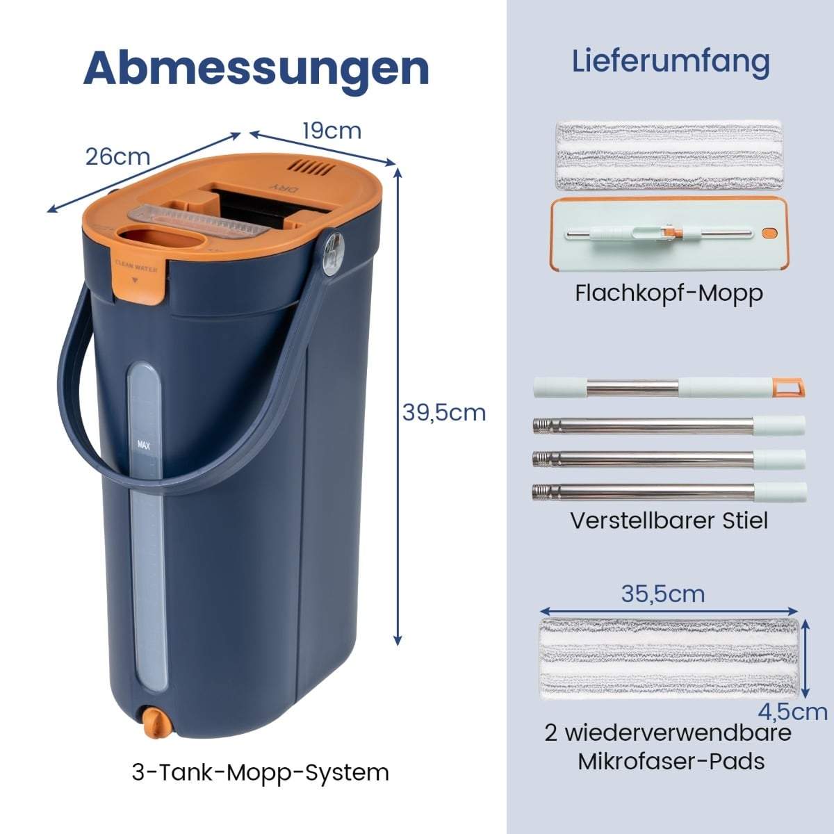 3-kammer mopp- og bøttesystem med mikrofiberputer