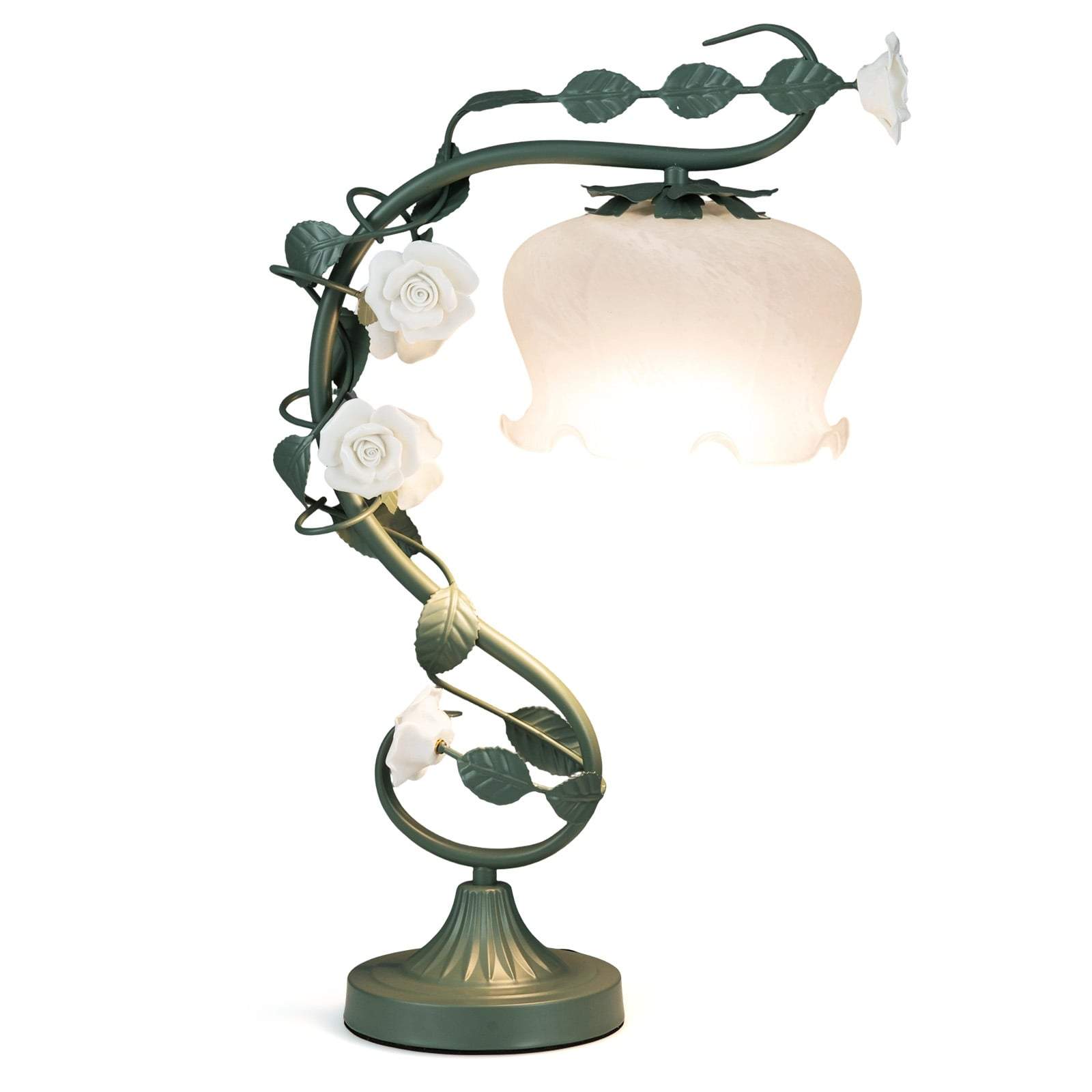 Vintage nattbordslampe – Lily glassskjerm og keramiske roser