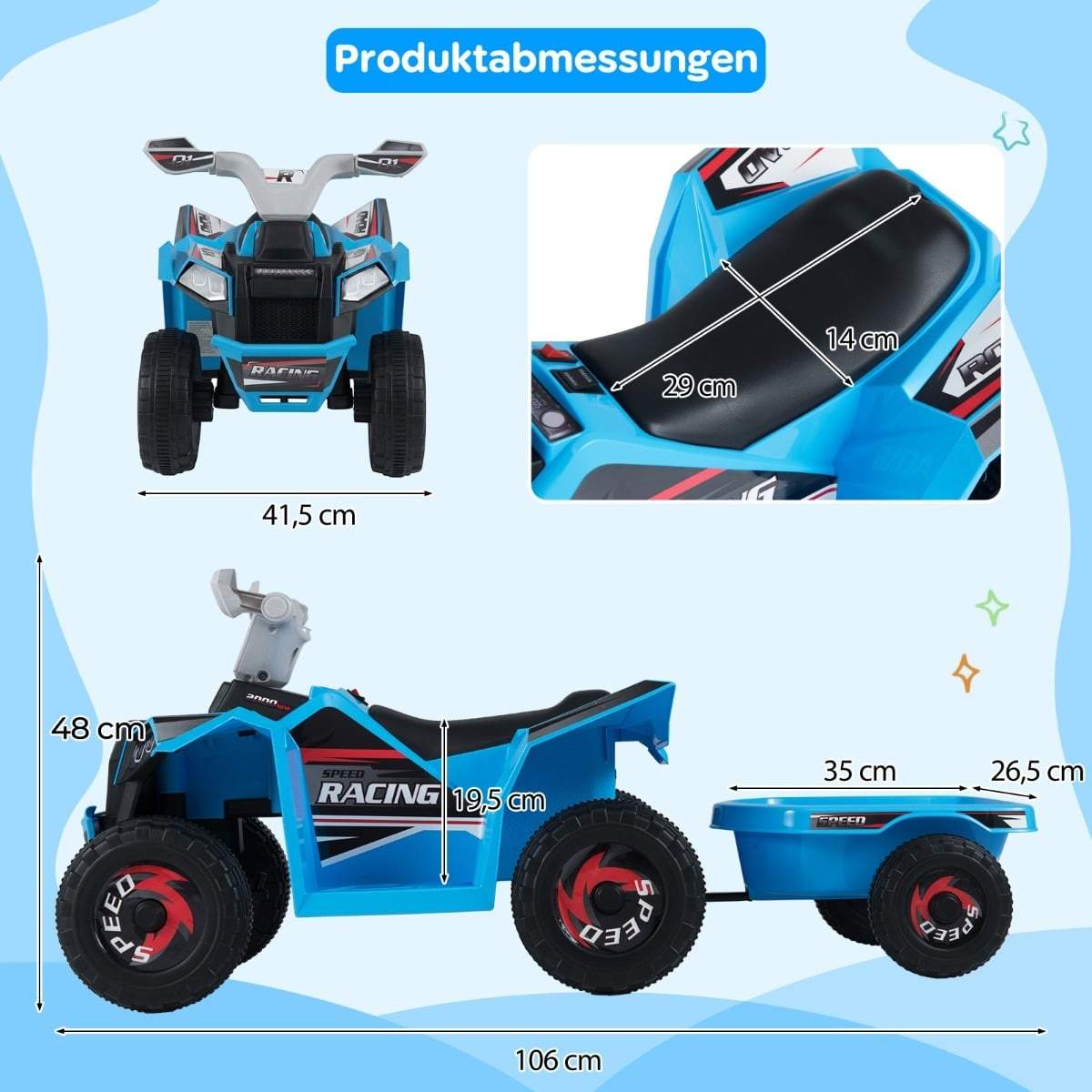 Elektrisk ATV for barn med tilhenger – Blå, trygg og morsom view 2