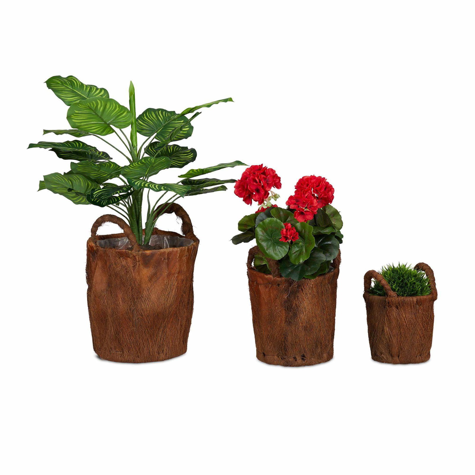 3x blomsterpotter laget av kokosnøttblader