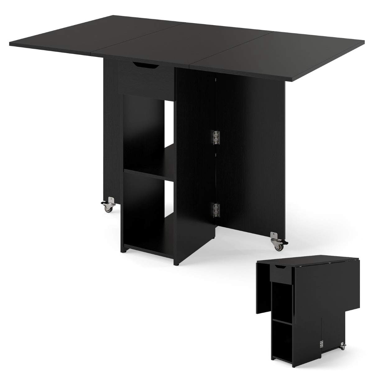 Sammenleggbart spisebord med hjul og oppbevaringshyller