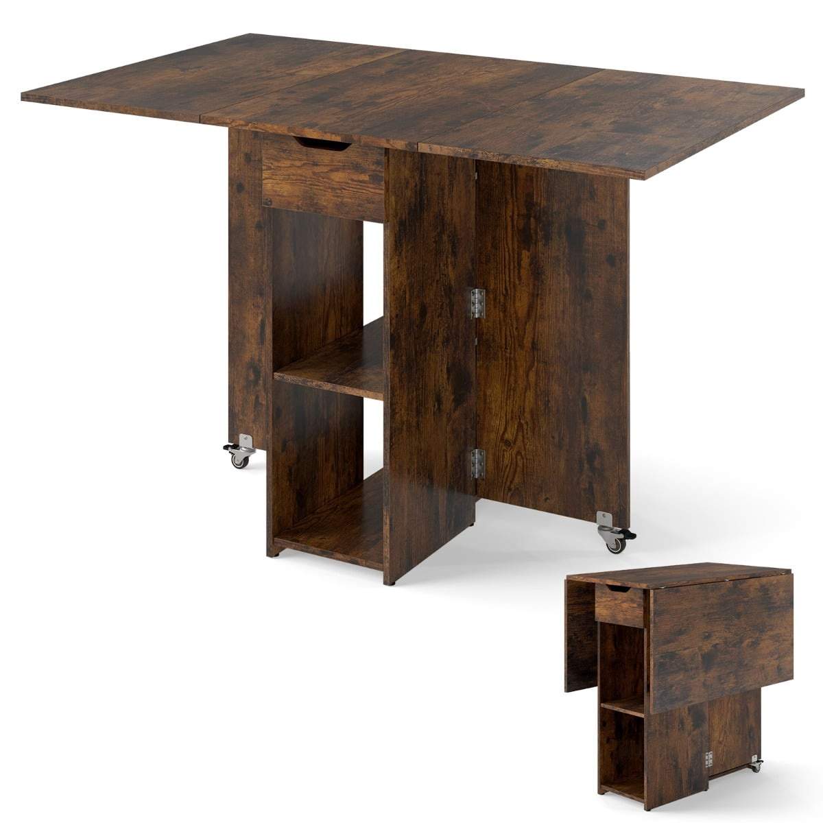 Sammenleggbart spisebord med hjul og oppbevaringshyller