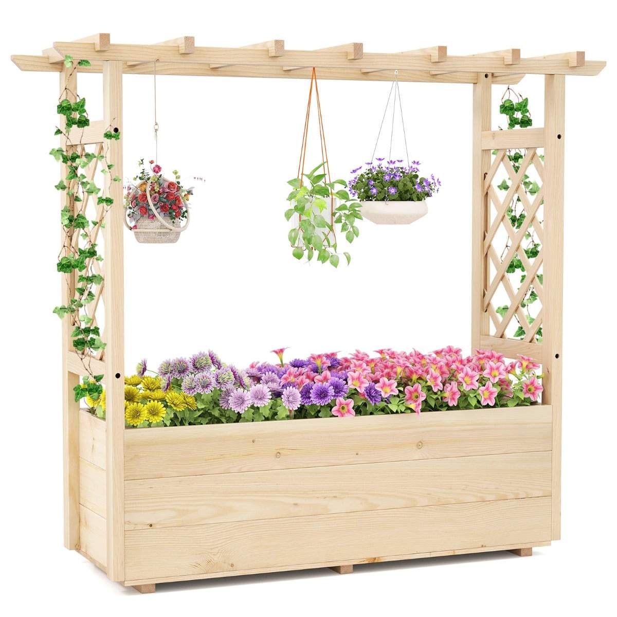 Høybed i tre med espalier og drenering, 115x40x103 cm