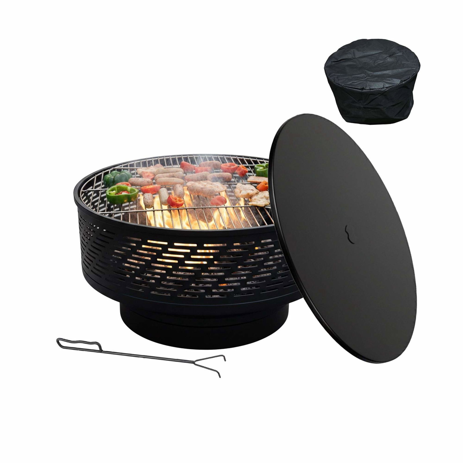 Bålskål med lokk og grill – rustfritt stål, svart