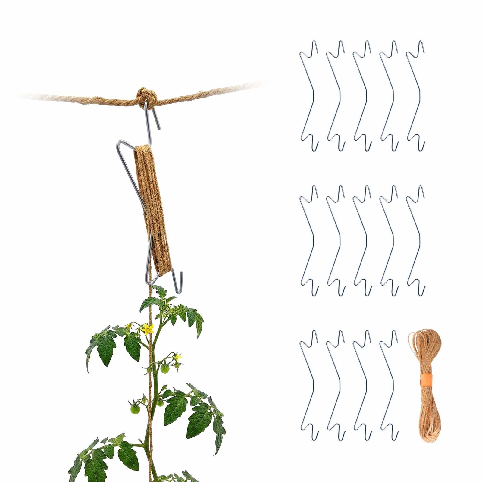 Tomatplantekroker med jutesnor – sett med 15