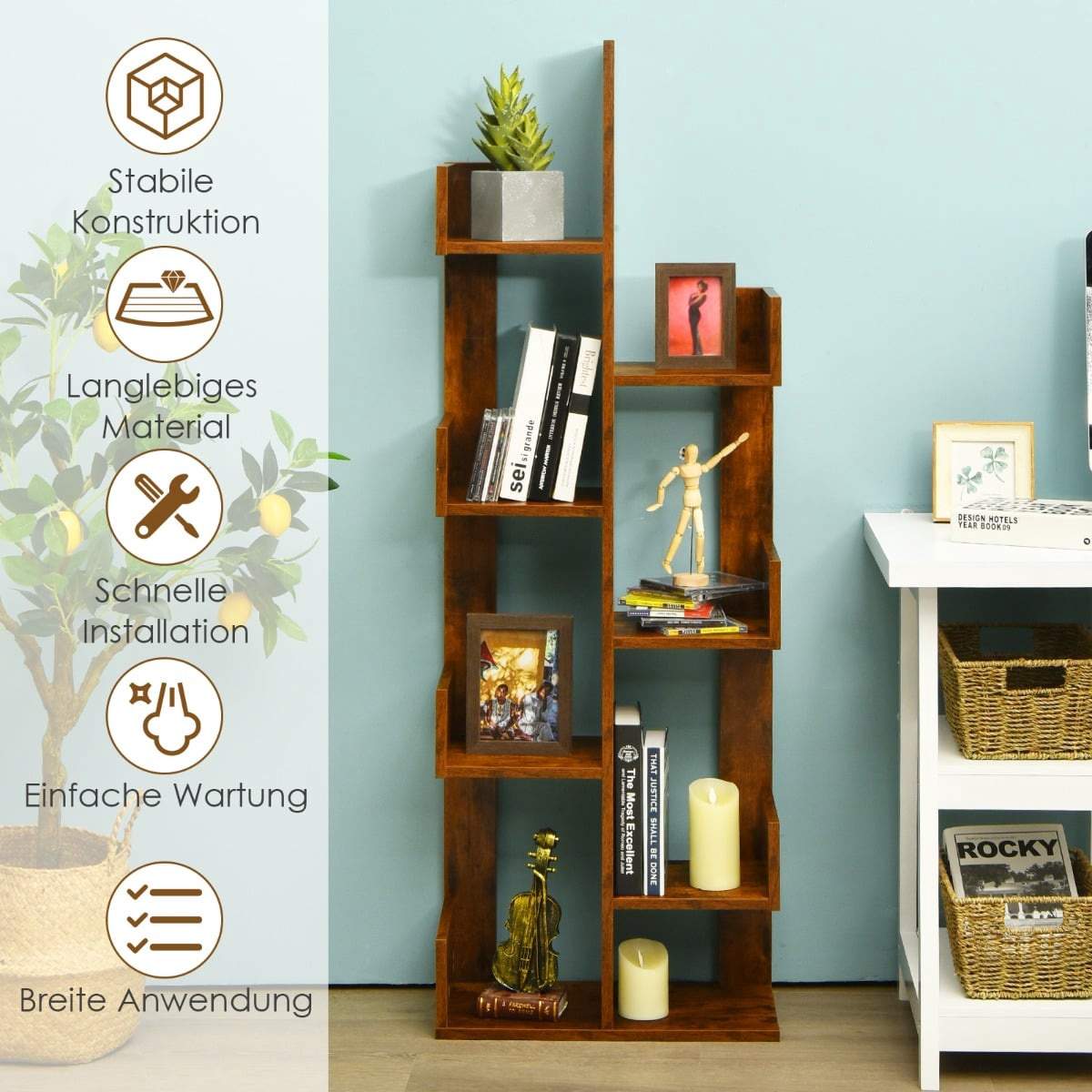Treformet bokhylle – 8 hyller, plassbesparende design
