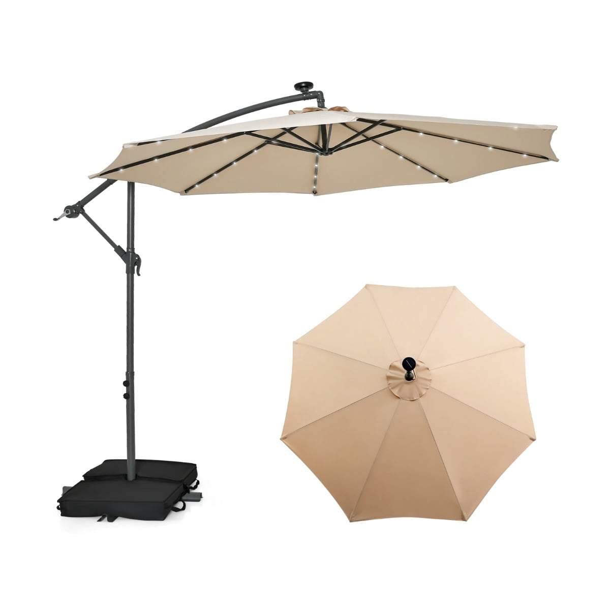 Beige terrasseparasoll med solcelledrevne LED-lys og UV-beskyttelse