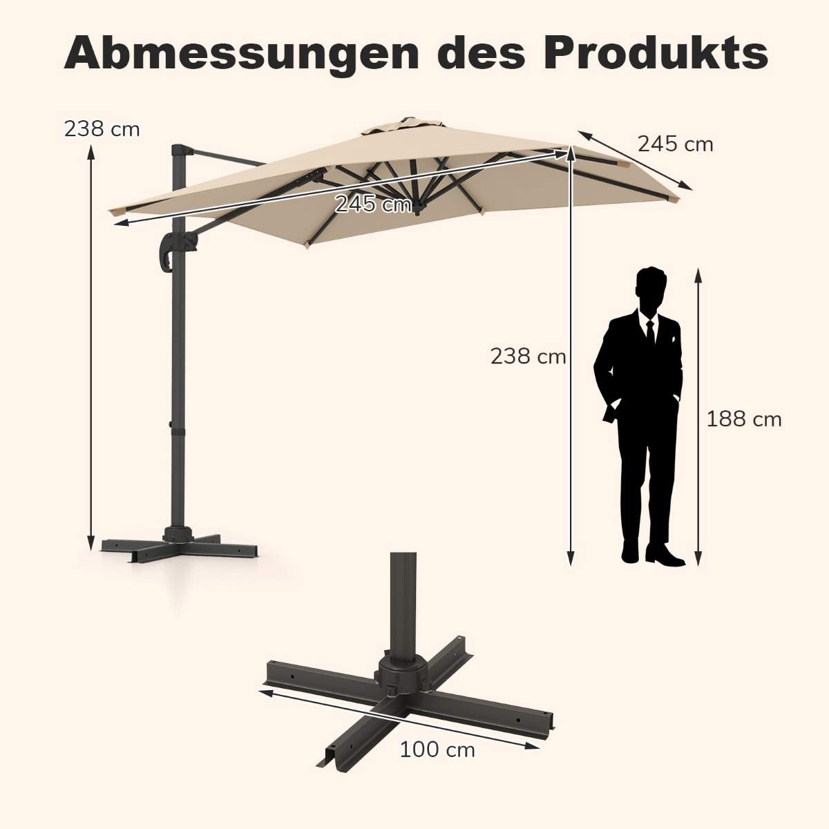 Rektangulær parasoll 250x250 cm, beige, justerbar