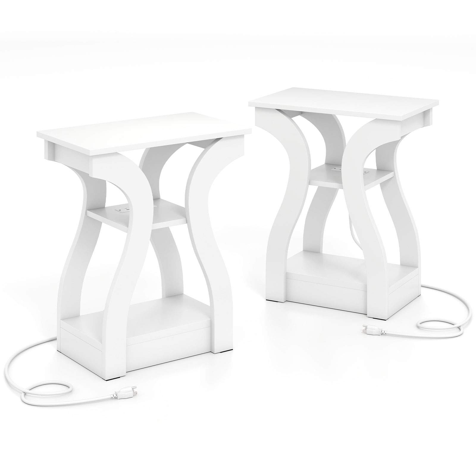 Hvitt sidebordsett med ladestasjon – 3-etasjes design