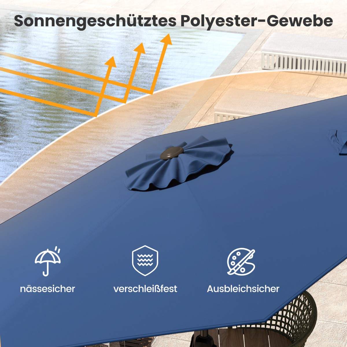 Terrasseparasoll 230 cm – Vippbar og sveivbar, marineblå