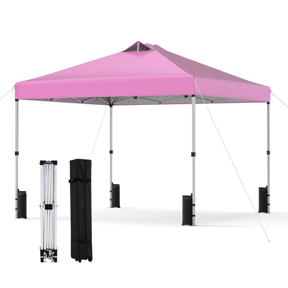 3x3 m rosa popup-paviljong med sandsekker og staker
