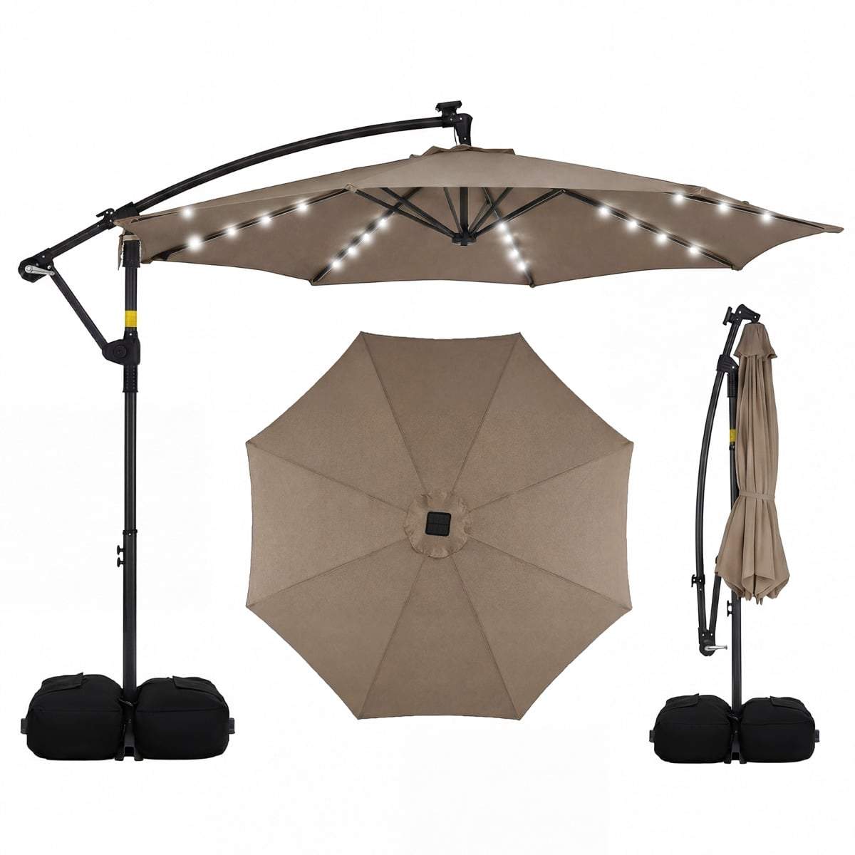 Solcelledrevet LED-parasoll – 360 grader roterende, 3 m x 2,4 m