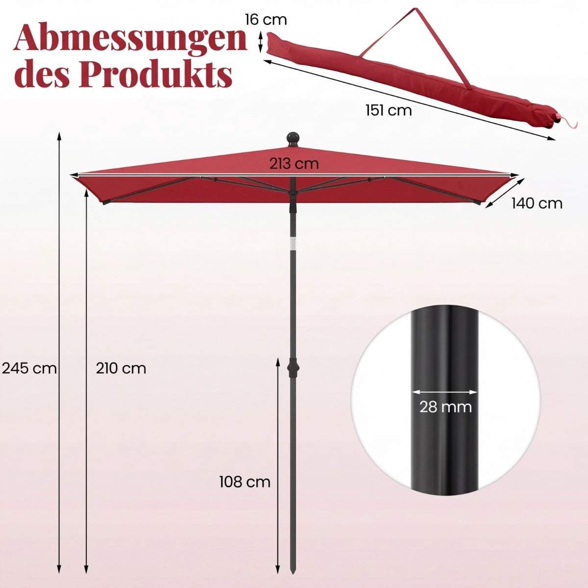Rektangulær balkongparasoll – rød, justerbar vippevinkel