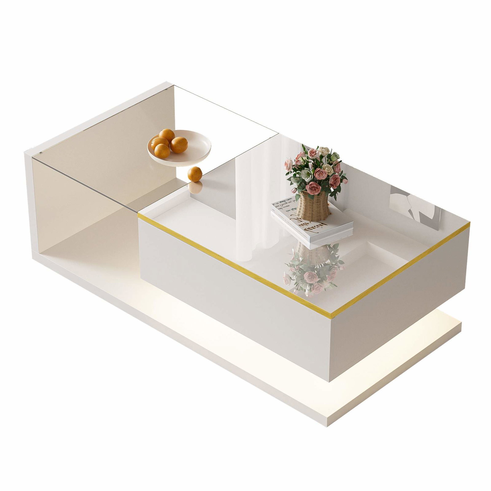 Hvitt, blankt salongbord med LED-lys – 100 cm
