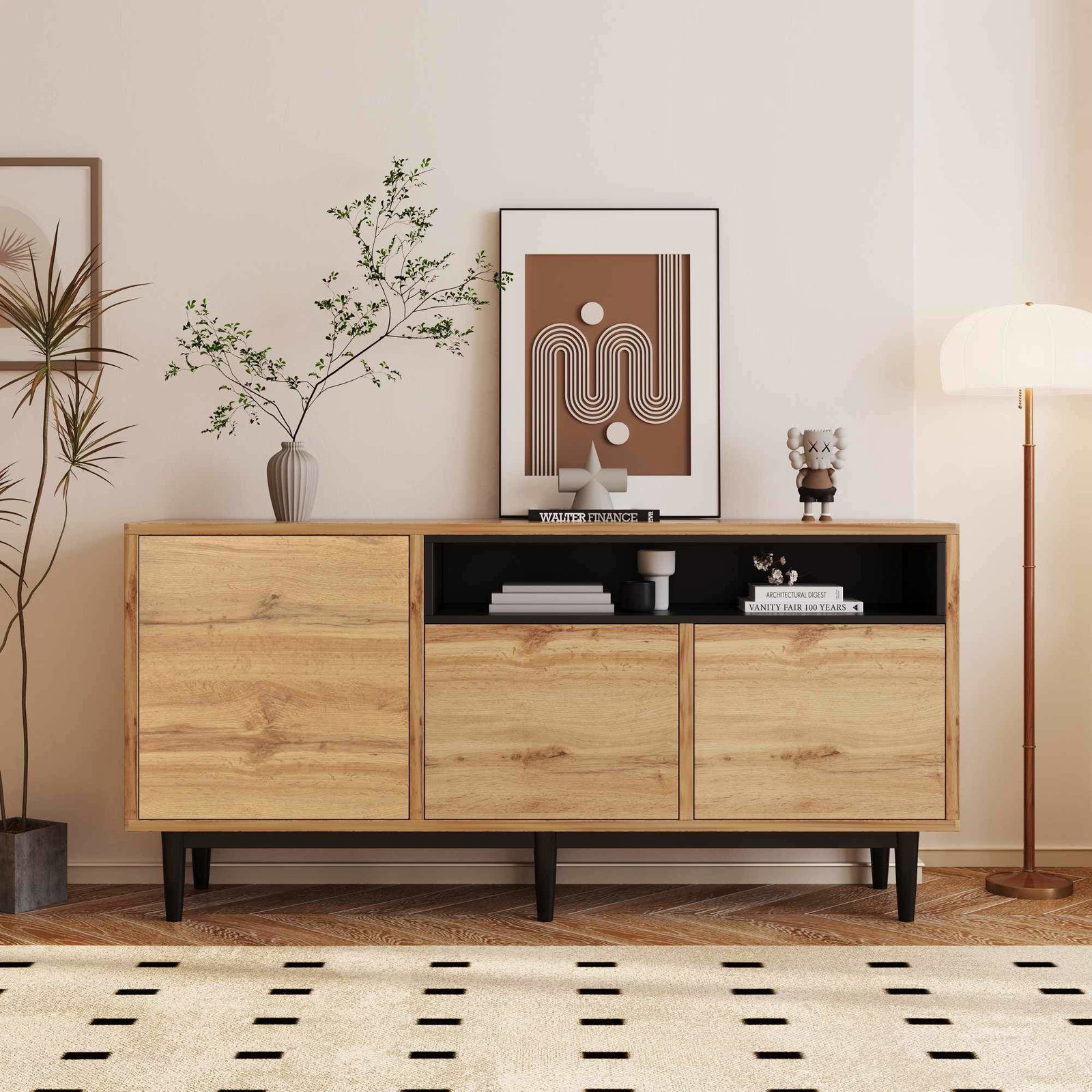 Moderne skjenk i tre – svart, justerbare hyller, 160 cm
